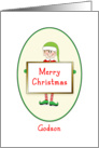 Godson Christmas Card with Elf Holding Sign-Merry Christmas card