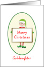 Goddaughter Christmas Card with Elf Holding Sign-Merry Christmas card