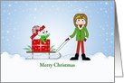 Customizable Christmas Card- Girl Pulling Sled, Present, Mouse card
