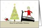 Fitness Christmas Card-Elf on Treadmill-Bird-Tree-Customizable Text card