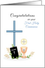 First Holy Communion Greeting Card-Cross-Bible-Wine-Wafer-Host card