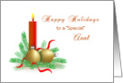 Christmas Card for Aunt-Red Candle-Ornaments-Evergreen Branches card