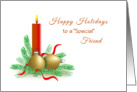 Christmas Card for Friend-Red Candle-Ornaments-Evergreen Branches card