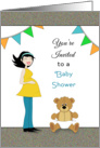 Baby Shower Invitation Card-Pregnant Girl and Bear Wearing a Diaper card