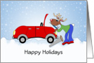 Christmas Greeting Card-Snow Scene-Reindeer-Red Car-Happy Holidays card