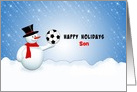 For Son Christmas Snowman Soccer Ball Greeting Card-Customizable Text card