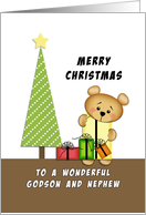 For Godson-Nephew Christmas Greeting Card-Christmas Tree-Bear-Presents card