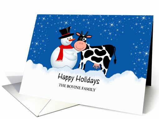 Cow Christmas Greeting Card-Snowman-Snow Scene-Customizable Text card