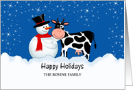 Cow Christmas Greeting Card-Snowman-Snow Scene-Customizable Text card