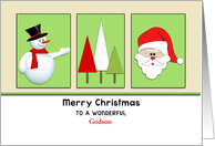 For Godson Christmas Greeting Card-Snowman-Trees-Santa-Custom card