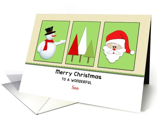 For Son Christmas Greeting Card-Snowman-Trees-Santa-Custom Text card
