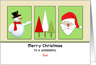 For Son Christmas Greeting Card-Snowman-Trees-Santa-Custom Text card
