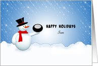 For Son Hockey Christmas Greeting Card-Snowman-Snow-Custom Text card