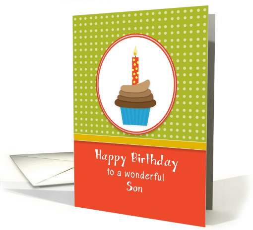 For Son Birthday Greeting Card-Chocolate Cupcake-Orange Candle card