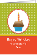 For Son Birthday Greeting Card-Chocolate Cupcake-Orange Candle card