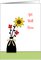 Get Well Greeting Card-Black Vase-Sunflower and Red flowers card