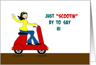 Hi Hello Greeting Card-Retro Girl on Red Scooter-Scootin By to Say Hi card