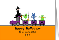 For Son Halloween Greeting Card-Purple Train-Witch-Gremlins card