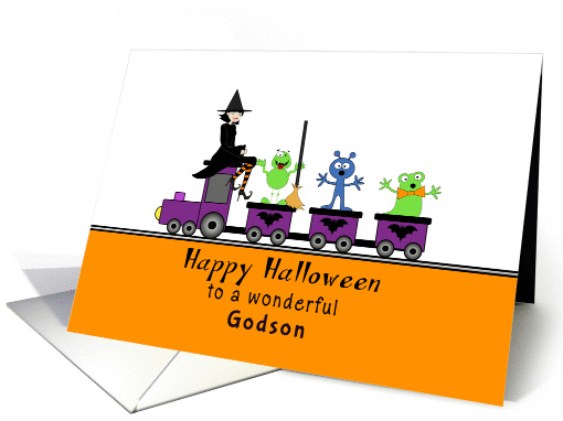 For Godson Halloween Greeting Card-Purple Train-Witch-Gremlins card