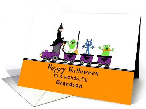 For Grandson Halloween Greeting Card-Purple Train-Witch-Gremlins card