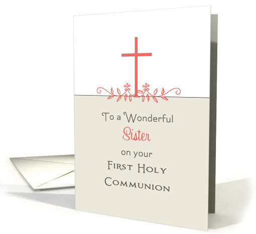 For Sister First Holy Communion Greeting Card-Cross & Leaf Design card