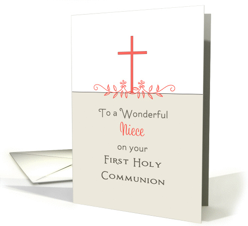 For Niece First Holy Communion Greeting Card-Cross-Leaf Scroll card
