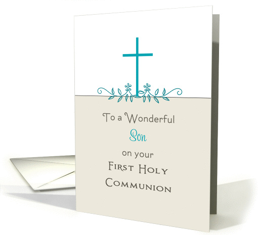 For Son First Holy Communion Greeting Card-Cross-Leaf Scroll card