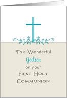For Godson First Holy Communion Greeting Card-Cross-Leaf Scroll card