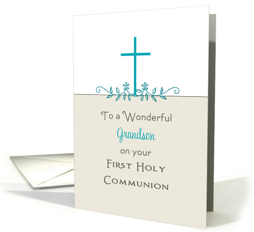 For Grandson First Holy Communion Greeting Card-Cross-Leaf Scroll card