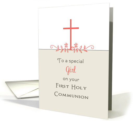 For Girl First Holy Communion Greeting Card-Cross-Leaf Scroll card