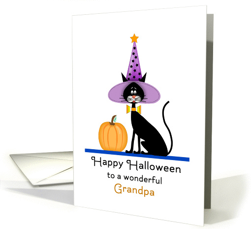 For Grandpa Halloween Card-Black Cat-Witches Hat-Pumpkin card