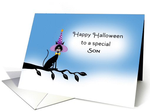For Son Halloween Card with Black Cat-Witches Hat-Tree Branch card