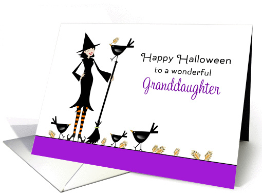 For Granddaughter Halloween Card-Witch, Broom, Black Bird, Crows card