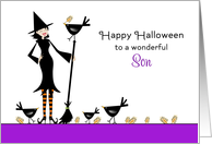 For Son Halloween Card-Witch, Broom, Black Bird, Crows, Wheat card