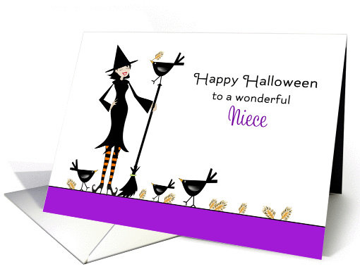 For Niece Halloween Card-Witch, Broom, Black Bird, Crows, Wheat card