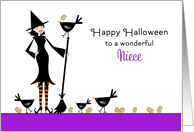 For Niece Halloween Card-Witch, Broom, Black Bird, Crows, Wheat card