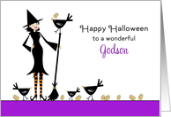 For Godson Halloween Card-Witch, Broom, Black Bird, Crows, Wheat card