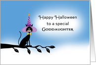 For Goddaughter Halloween Card with Black Cat-Witches Hat-Tree Branch card
