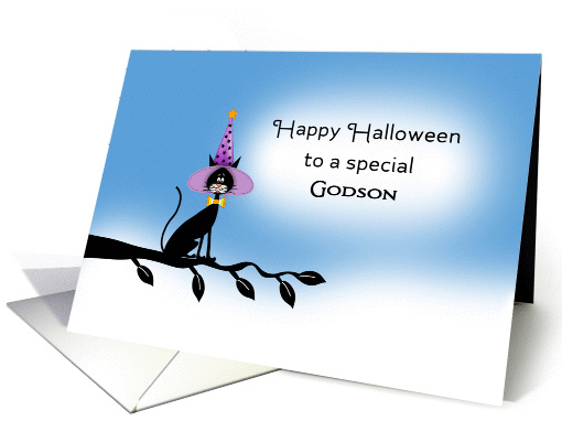 For Godson Halloween Card with Black Cat-Witches Hat-Tree Branch card