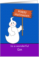 For Son Halloween Card-Ghost Holding Happy Halloween Sign card