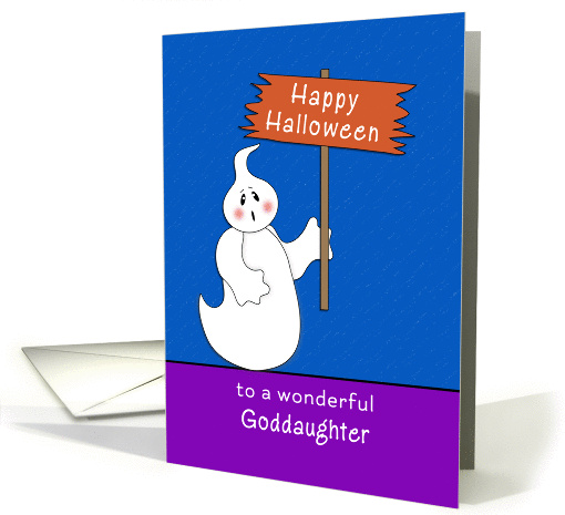 For Goddaughter Halloween Card-Ghost Holding Happy Halloween Sign card