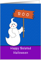 Belated Halloween Card-Ghost Holding Happy Halloween Sign card