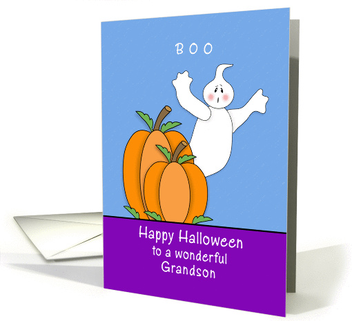 For Grandson Halloween Card-Two Pumpkins, Ghost and Boo card (1152174)