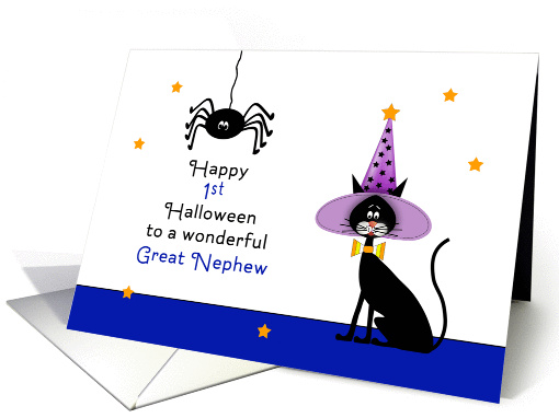 For Great Nephew First Halloween Card with Spider and Black Cat card