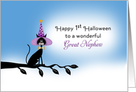 For Great Nephew First Halloween Card-Black Cat Sitting on Tree Branch card