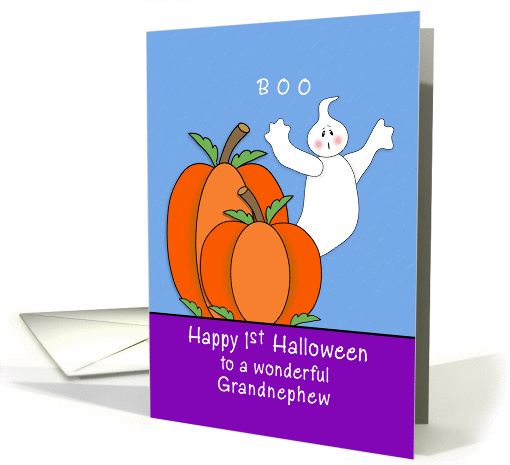 For Grandnephew First Halloween Card-Two Pumpkins and Ghost-Boo card