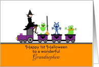 For Grandnephew First Halloween Card-Witch, Gremlins and Train card