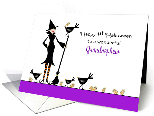 For Grandnephew First Halloween Card-Witch, Broom and Black Birds card