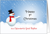 For Great Nephew 1st Christmas Card-Snowman-Snow Scene card