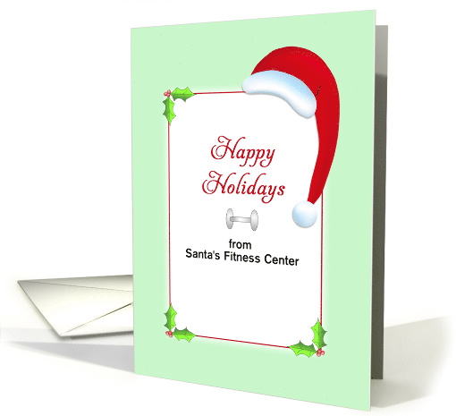 Fitness Christmas Card-Santa Hat-Weight and Holly-Custom Text card